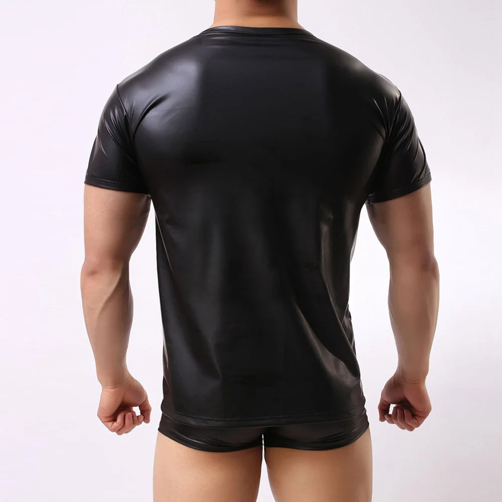 Sexy Black Men Faux Latex Leather Stage Performance Round Neck Short Sleeve T-Shirt Tops Costumes Undershirts Muscular