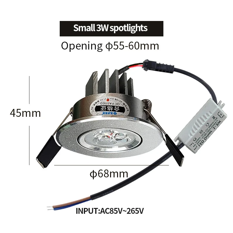 【55mm hole】recessed mini Spotlight 3w LED ceiling light 110 volt 220V indoor embedded small downlight with driver set