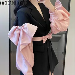 OCEANLOVE Pink Bow Patchwork Women Dresses Spring Autumn Korean Fashion Vintage Vestidos Mujer Elegant A-line Evening Dress