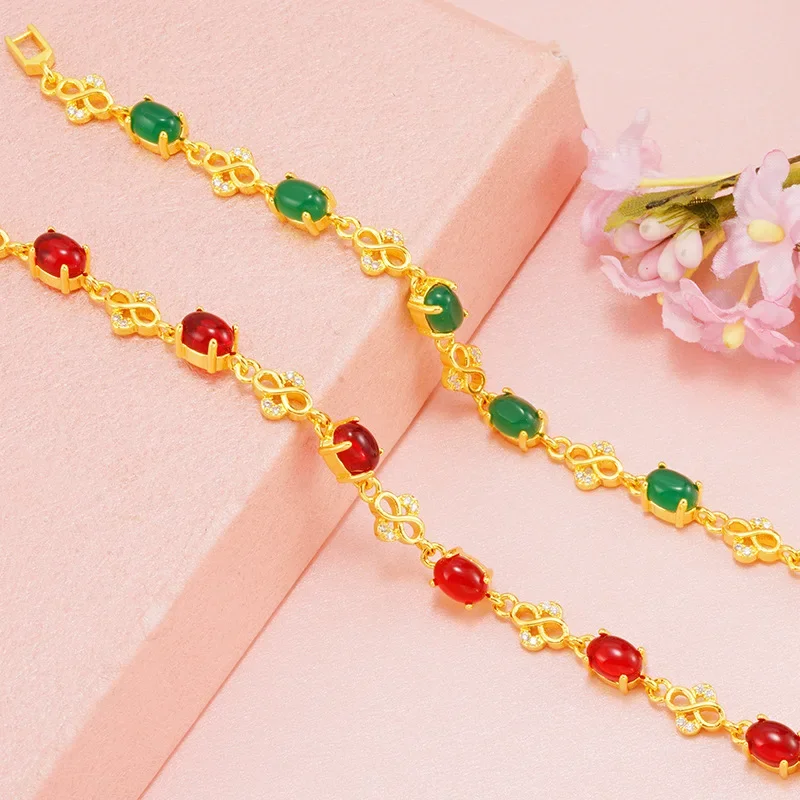 Imitation Color Treasure Crystal 24K Gold Plated Zircon Bracelet Women's Fashion Simple Yellow Gold Hand String Women's Gift