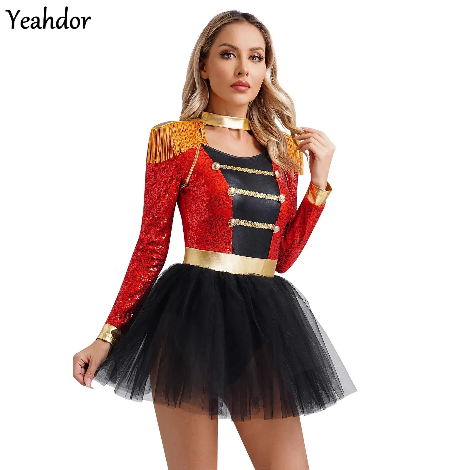 

Womens Circus Costume Ringmaster Tulle Skirt Tutu Dress Long Sleeve Tassel Shoulder Sequin Leotard Halloween Lion Tamer Dress Up