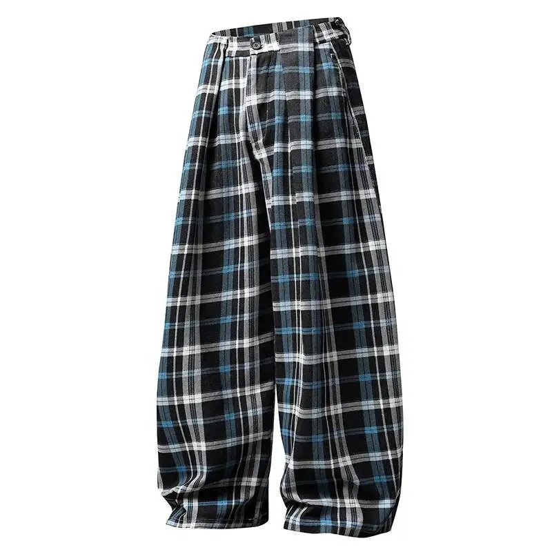 Old Money Style Summer Cotton Men's Casual Pants Black And Blue Plaid Print Casual Trousers Loose Straight Bottoms