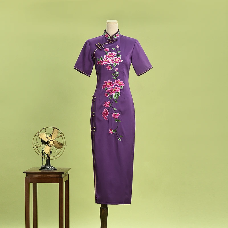 

Новая женская летняя юбка-ципао с цветочной вышивкой QP0Y006 в китайском стиле, короткий рукав, другие материалы, 100%