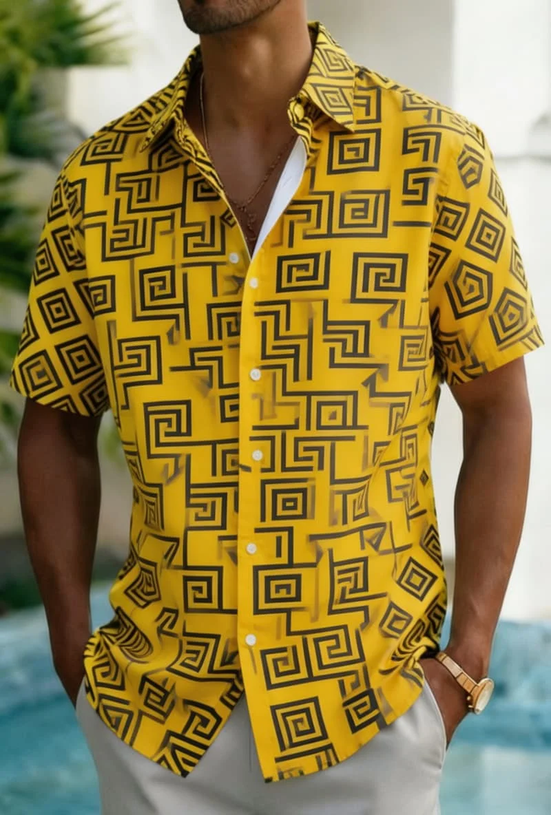 Men's Geometric Abstract Print Shirt, Modern Art Style for Summer Holiday, Beach Trips, Daily Outings & Casual Wear