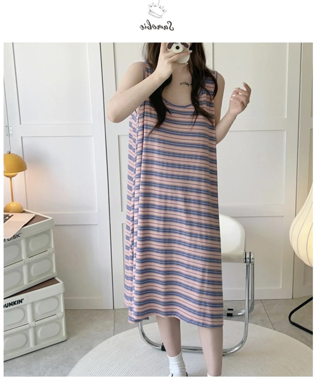 M-3XL فستان بكتافة مخطط غير رسمي حجم كبير ملابس نوم قطنية سترة دون أكمام فستان النوم المرأة منامة قمصان النوم قميص النوم