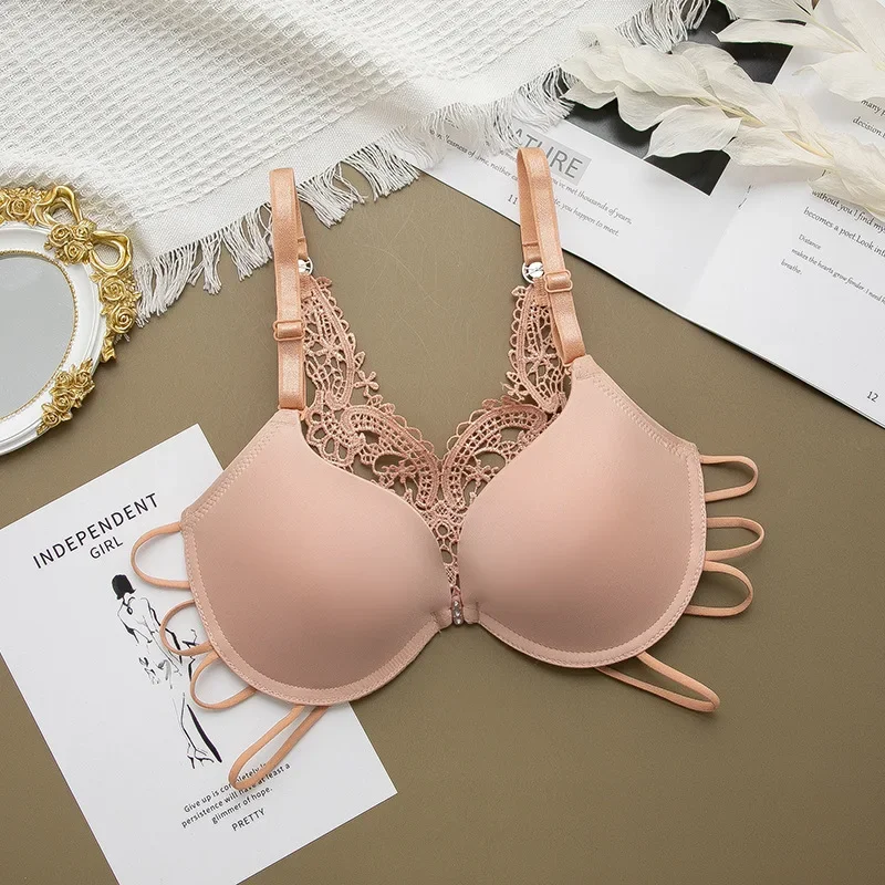BH mit vorderer Schnalle für Damen, einfarbig, bequem, verstellbarer BH, Spitze, Patchwork, Bügel, nahtlos, Push-Up-BHs, Dessous