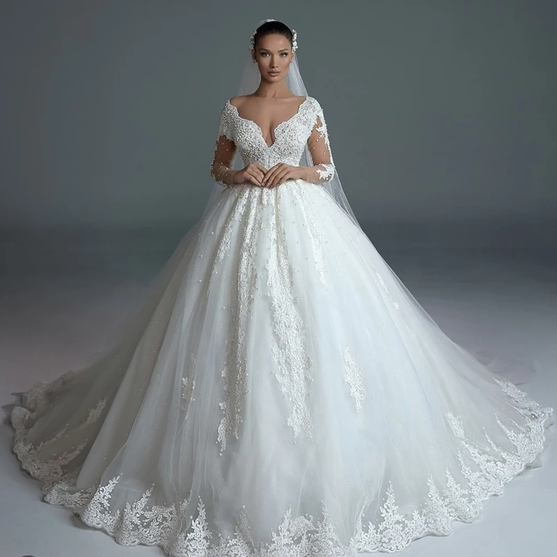 

Exquisite Wedding Dress Organza With Embroidery Beading Royal Princess Ballgown O-Neck Full Sleeve Bridal Dress Vestido De Novia