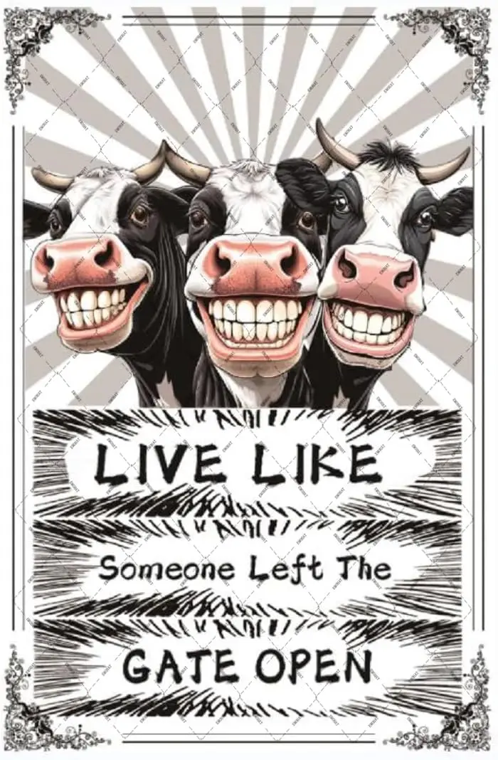 Cow Metal Tin Sign Live Like Someone Left The Gate Open Cute Home Decoration Retro Decor Funny Wall Decor Poster Plaque Wal sign