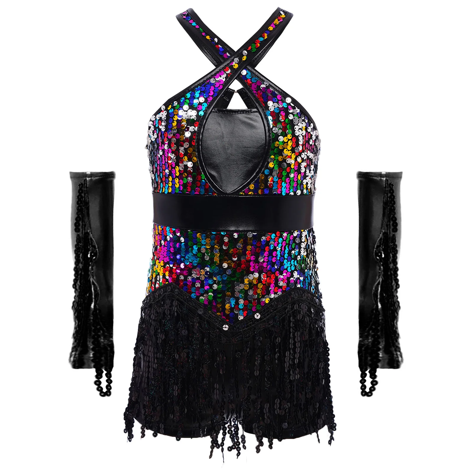 Crianças meninas lantejoulas dança jazz latino collant vestido com luvas cha-cha rumba samba tango bodysuit palco desempenho dancewear