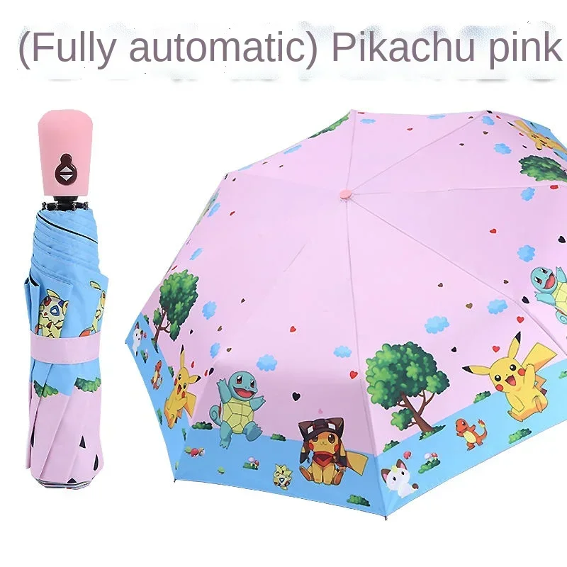 Pokemon Pikachu Children Sun Umbrella Folding Rain Hand Push Sun Protection Sun Shade Black Glue Boys Girls Windproof Umbrella