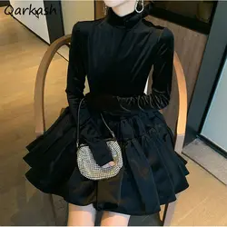 Black Ball Gown Mini Dress Women Graceful Chic Autumn Party Temper Ladies Sweet Defined Princess Long-sleeve Aesthetic Vestidos