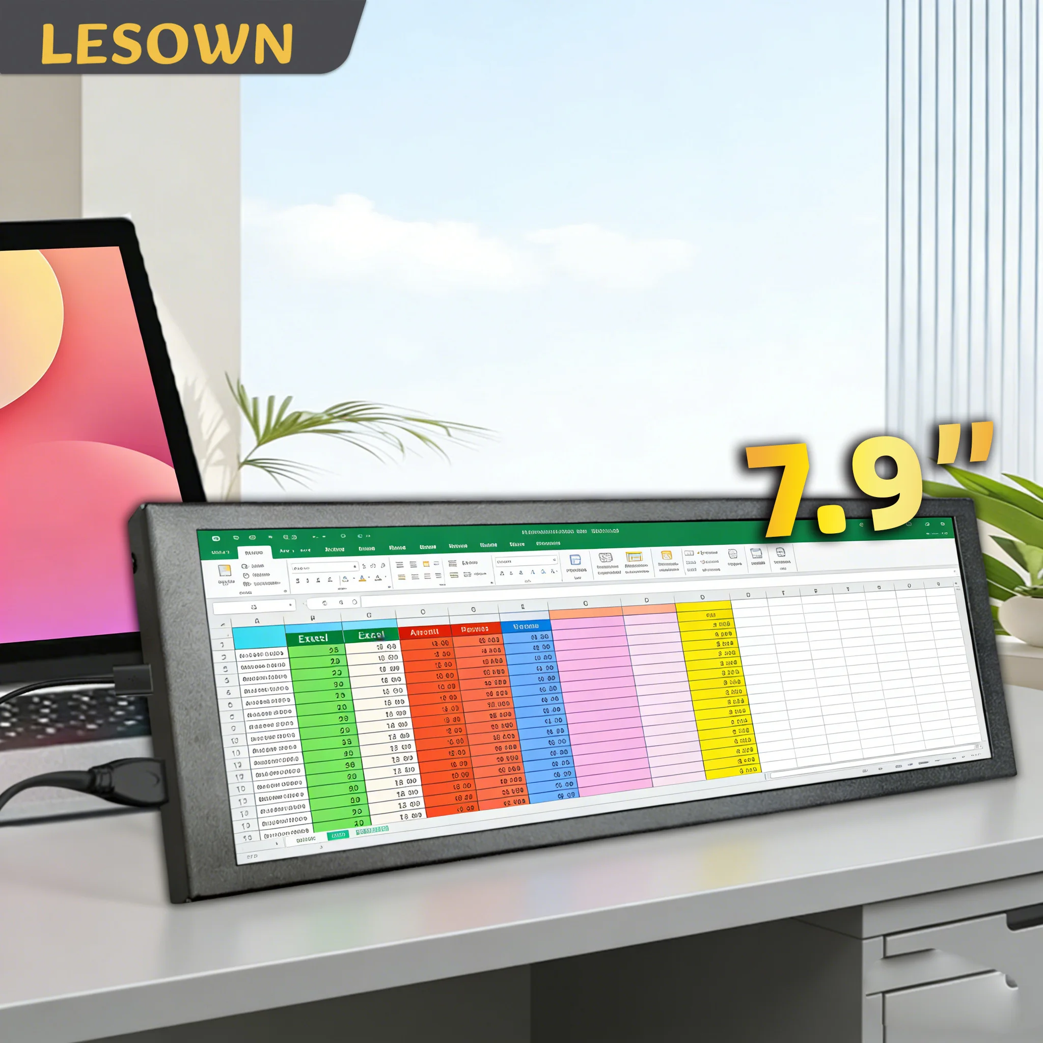 LESOWN Stretched Bar Display Portable 7.9 Inch 400x1280 IPS LCD Ultra Wide External Secondary Screen for Quick APP Control Panel