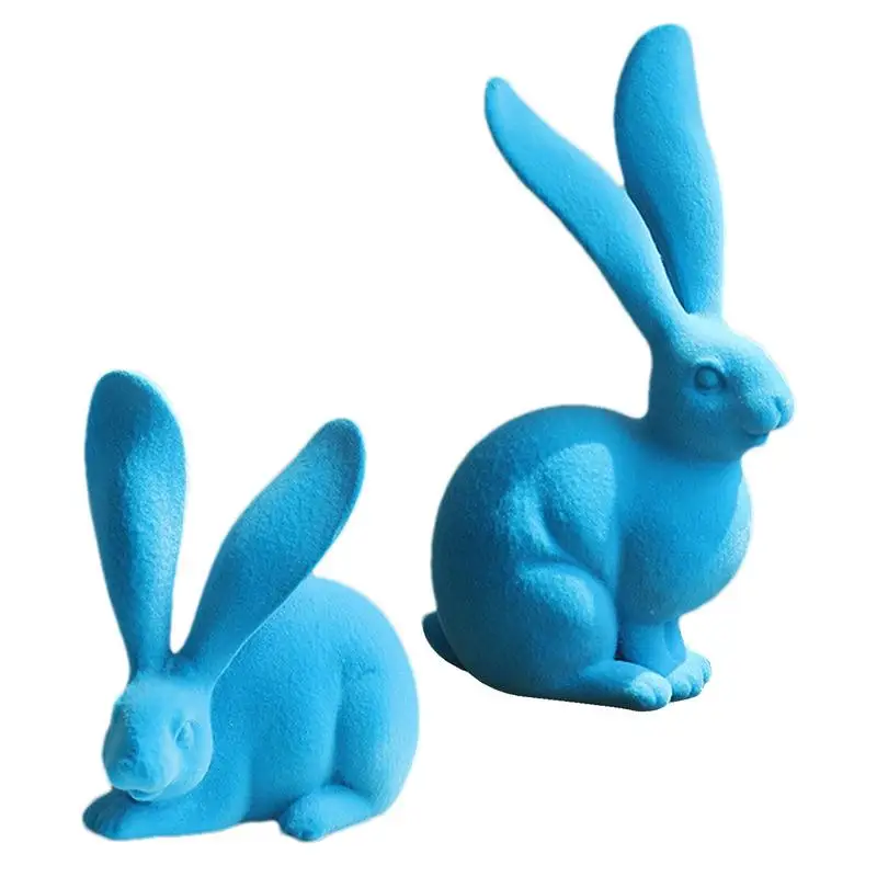 2pcs Bunny Statue Resin Bunny Statue Creative Rabbit Animal Figurine Ornament Decorative Garden Flocked Rabbit Statue Ornament