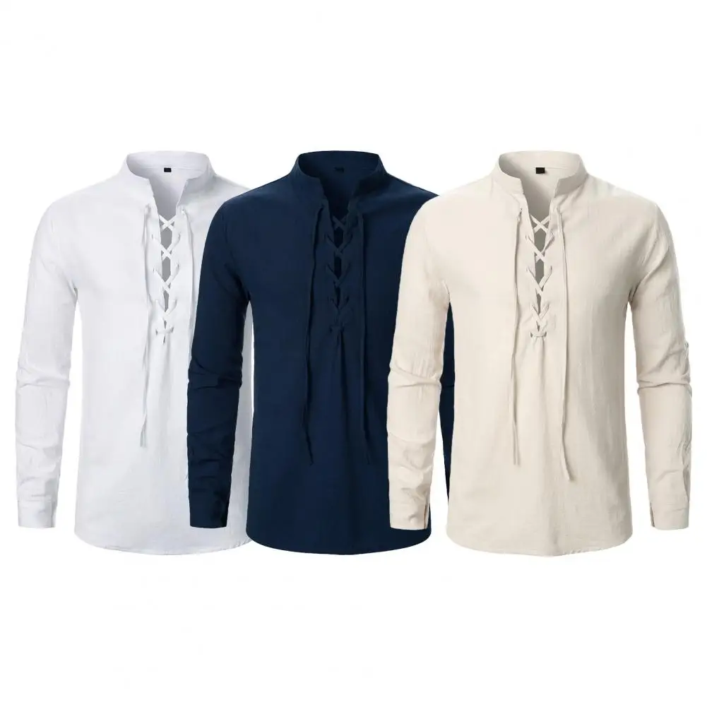 Long Sleeve Men Shirt Medieval-inspired Men's Shirt with Lace-up Stand Collar Cufflink Detailing for Casual Office Wear