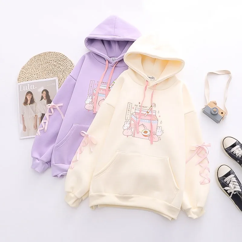 Autumn Women Purple Beige Hoodies Sweatshirt Teens Japanese Cute Anime Pullover Mori Girls Kawaii Bunny Cartoon Rabbit Top