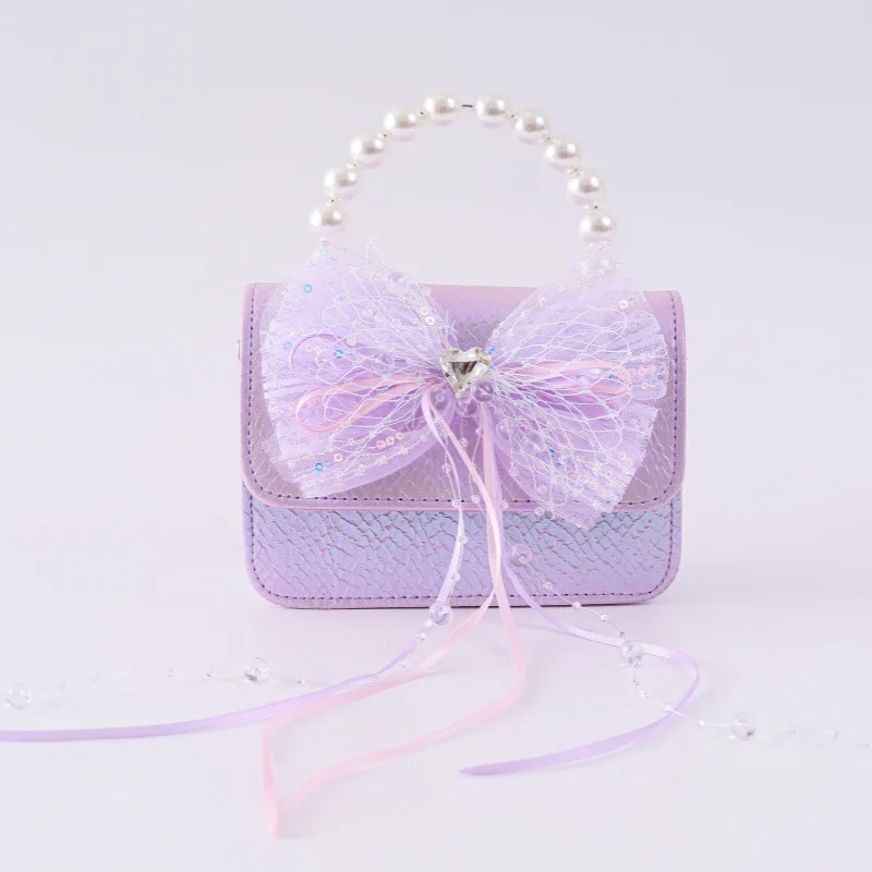 Cute Girls Handbag Pearl Handle Lace Bow Sequin Decoration Children Mini Crossbody Bag Birthday Gift