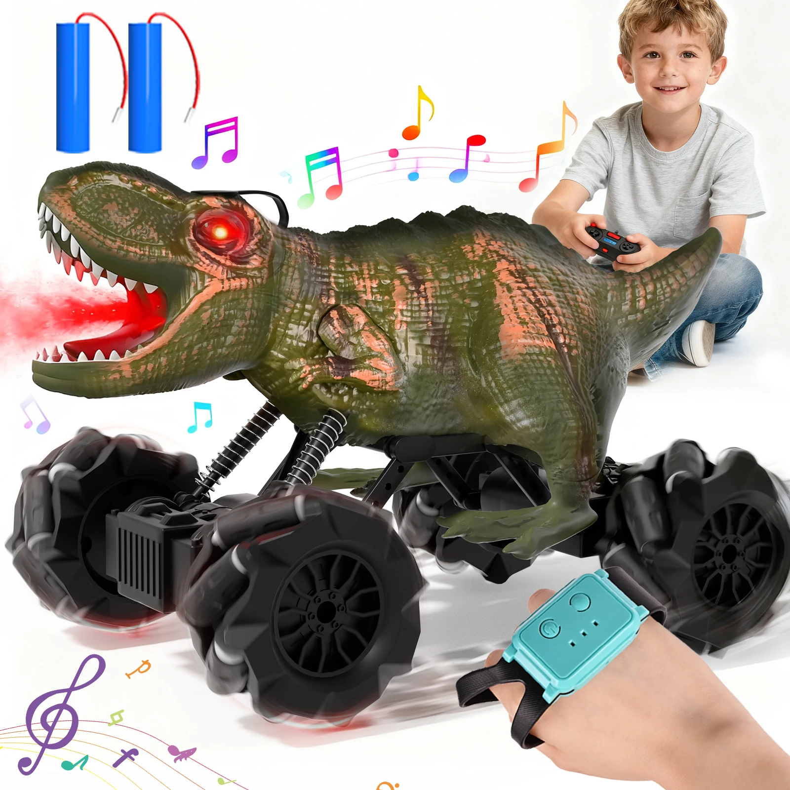 

Dinosaur Stunt Car with drifting, lights, and sound effects. All-terrain electric toy—the perfect Christmas or birthday gift