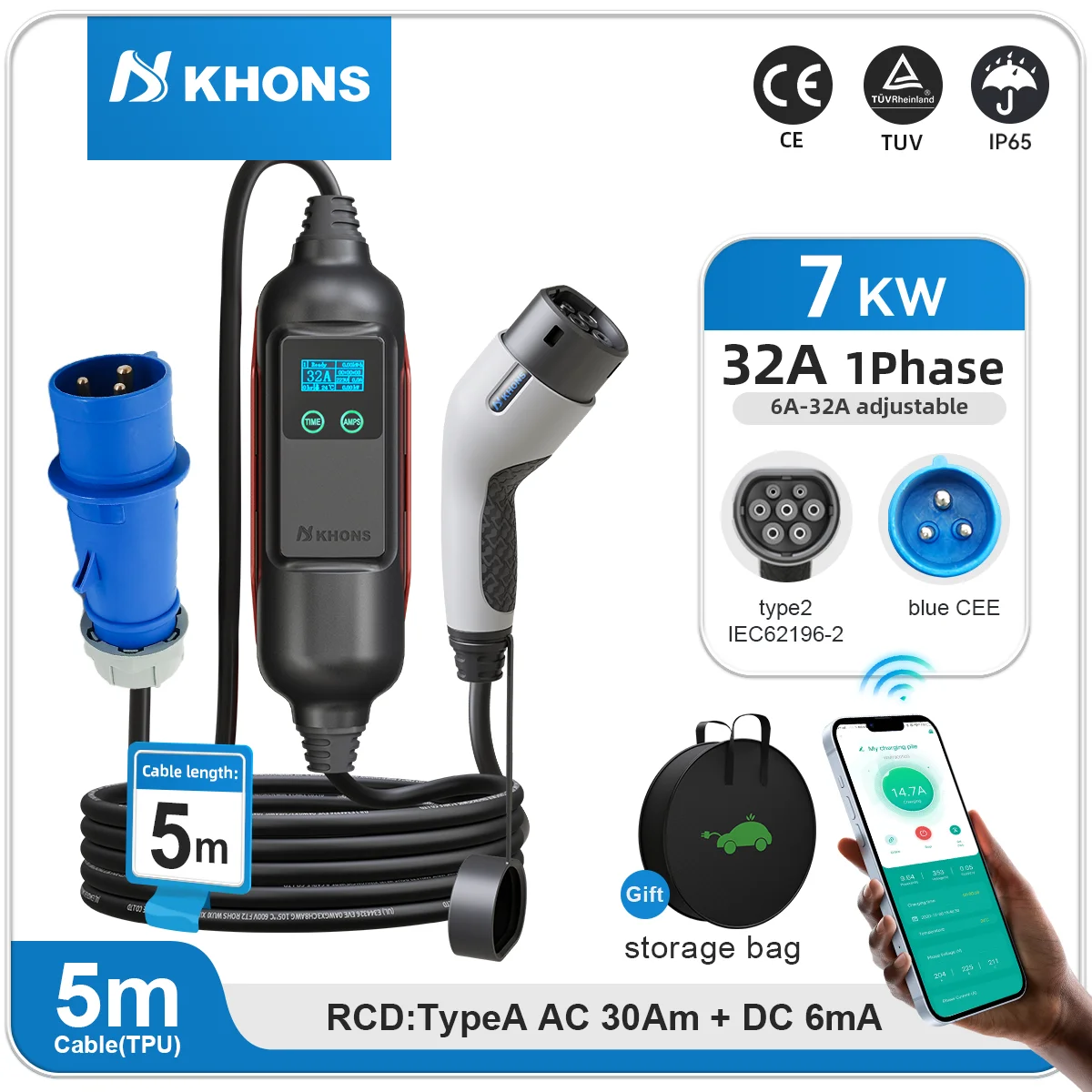 Khons 7KW Caricatore EV portatile 32A 1 fase Type2 Caricatore per auto elettrica Controllo connessione Caricatore per veicolo elettrico tramite APP Cavo da 5 m