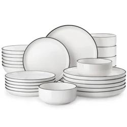 MALACASA 24/48Piece Ceramic Plates Black Rim Porcelain Dinnerware Set 6/12 Pcs Dinner/Soup/Dessert Plates/Bowl Service for 6/12