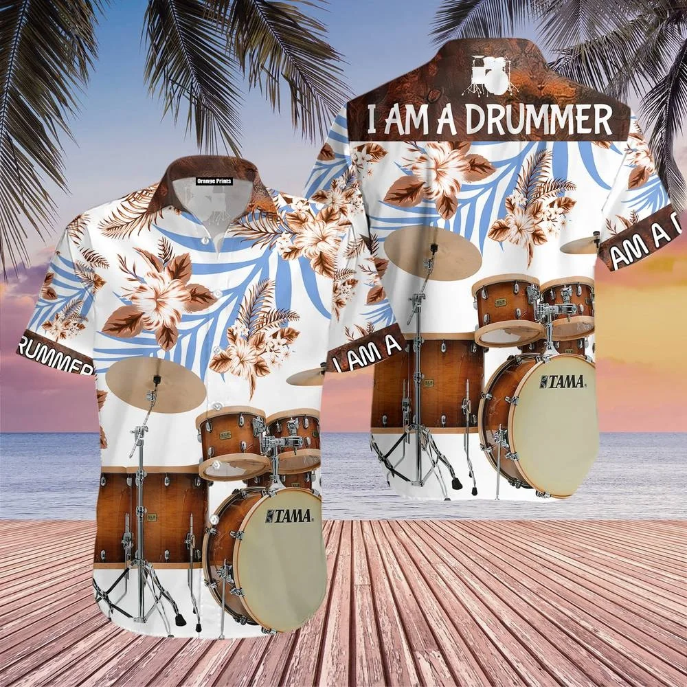 New Casual Men's Shirts I am a drummer Print Vintage Hawaiian Short Sleeve Oversize Shirts Summer Beach Wear