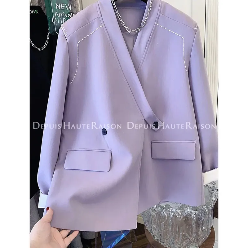 

Women's New Contrast Suit Jacket Women's Loose Wild Casual Top Suit Spring New Design Sense Niche V-Neck Cardigan Suit Jacket