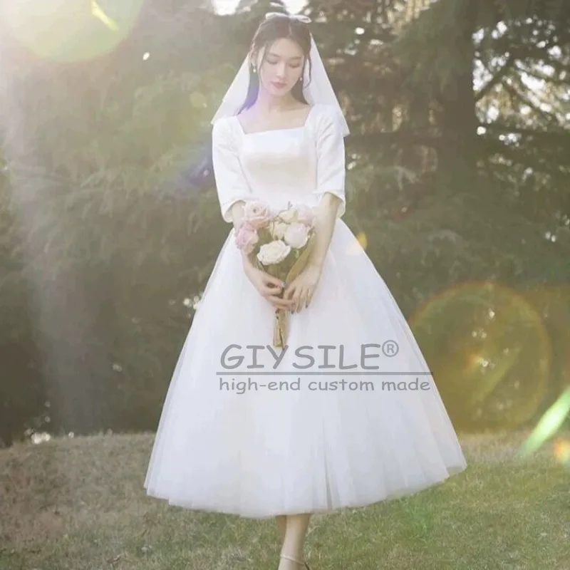 ชุดแต่งงานสีขาวแบบสั่งตัดของ GIYSILE ปี 2026 คอเหลี่ยมสไตล์เฮปเบิร์น สายรัดหลังแบบแฟชั่น กระโปรงฟูฟ่องแบบเจ้าหญิง