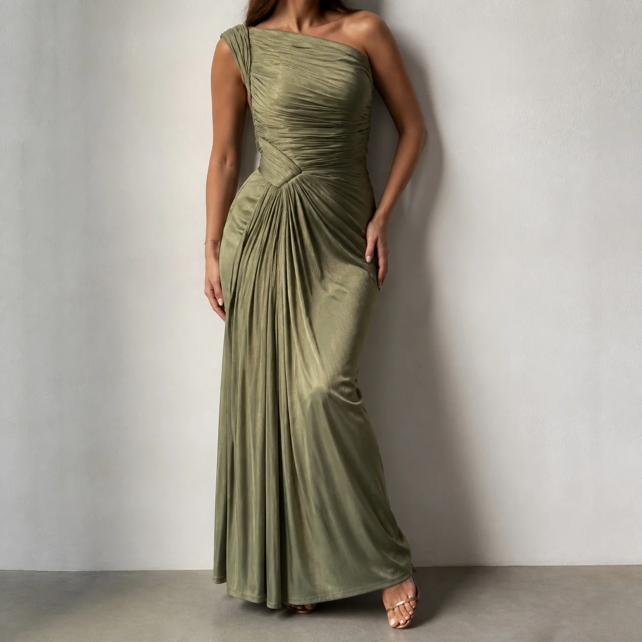 Women's One Shoulder Pleated Long Sleeveless Evening Dress with Sash for Wedding Guest Party Elegant Prom Train Mid Waist
