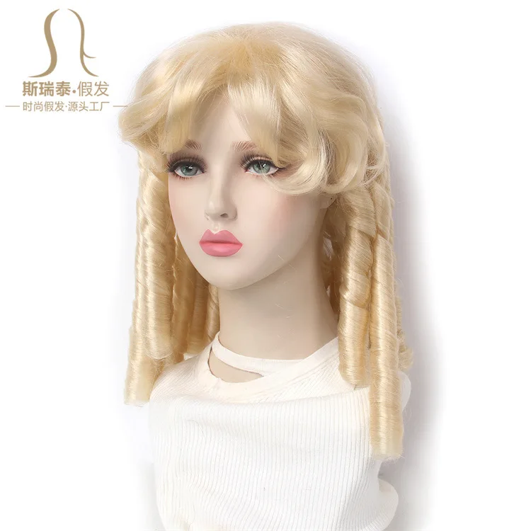 Vintage Court Gold Lantern Roll Cosplay Lolita Retro Republican Wig For Female Curly Hair Roman Roll Wig Headgear + Free Wig Cap