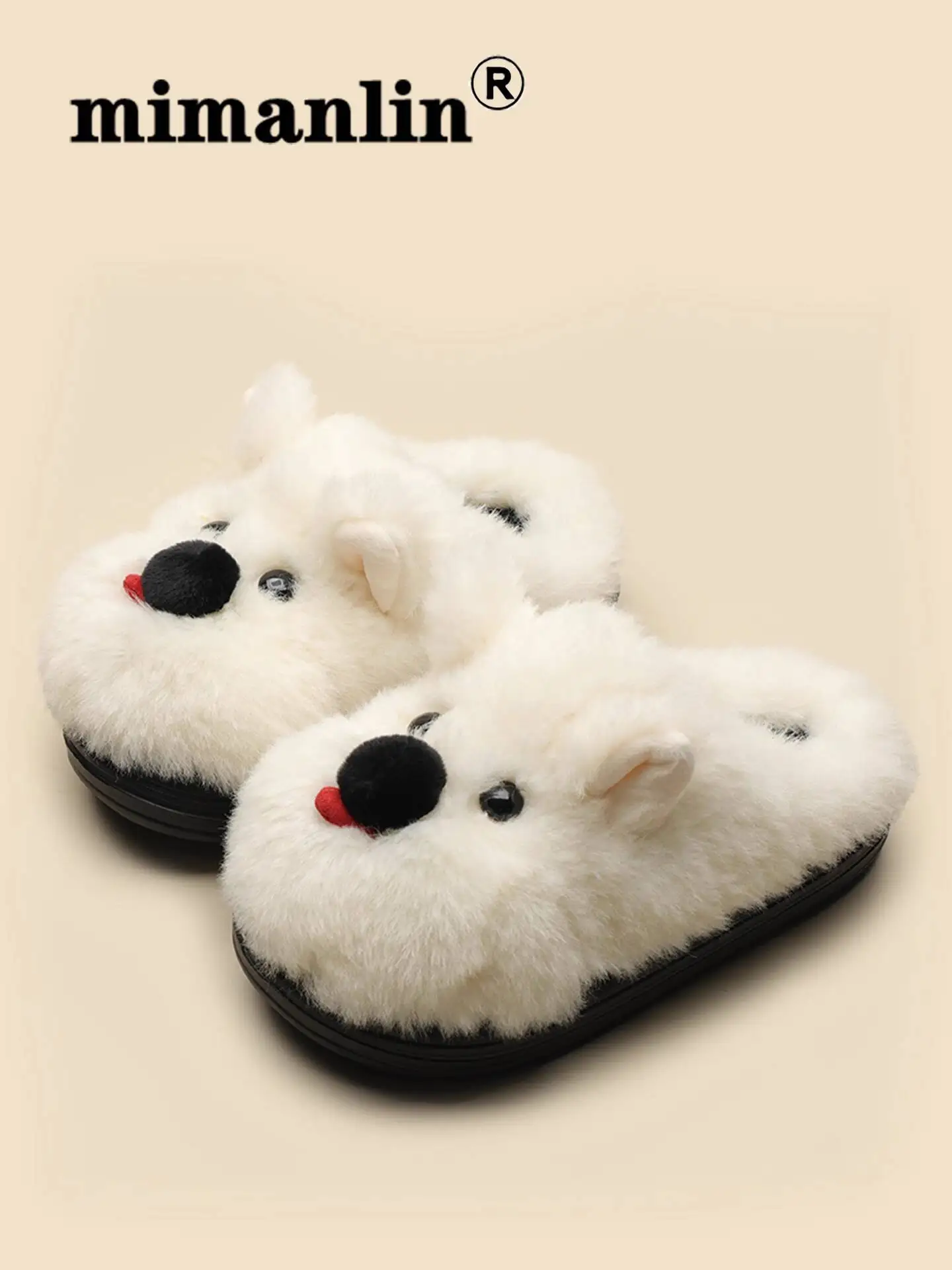 

Home Slippers2025 New Women's Off White Fluffy Dog Themed Cotton Indoor Household Slippers Autumn Winter Slippers
