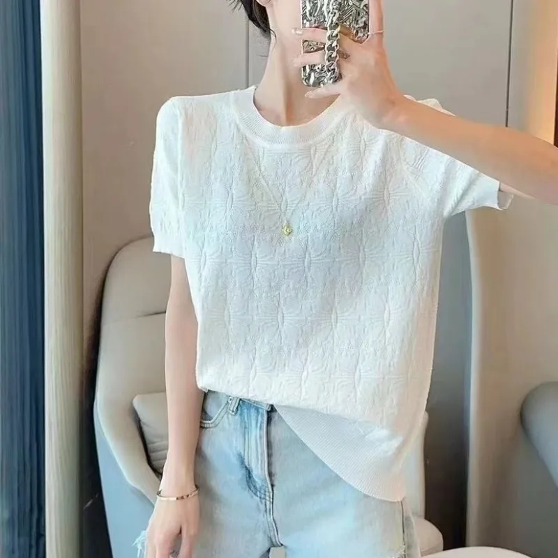 2024 Summer New Korean Commute Women Solid Color Spliced Jacquard Weave Slim Round Neck Short Sleeve Knitted T-shirt Casual Tops