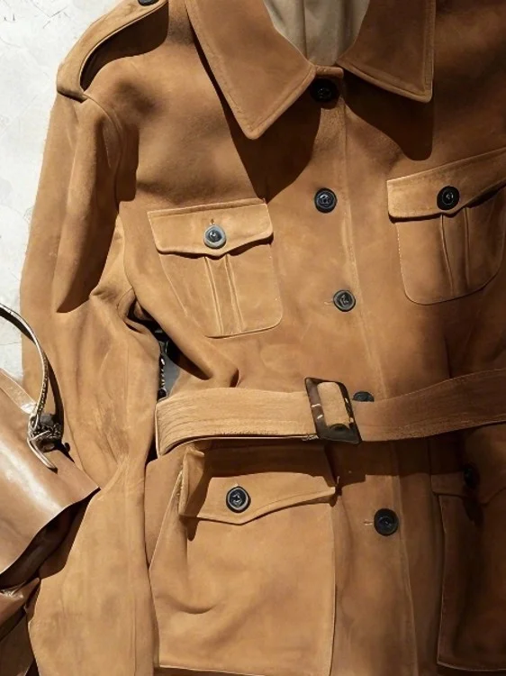 Browan Suede Leather Jaet Women's Casual Sle Mid-Length Light Maturi Faion Windbreaker American Sle Loose Fit Waist...