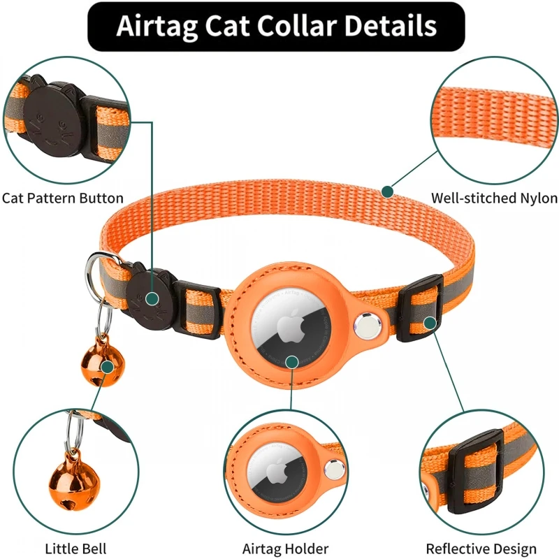 Reflective Pet Tracking Collar for Cat and Dog, Nylon Bell Pendant, Airtag Holder Strap, Puppy Anti-Lost Collar, Pet Supplies