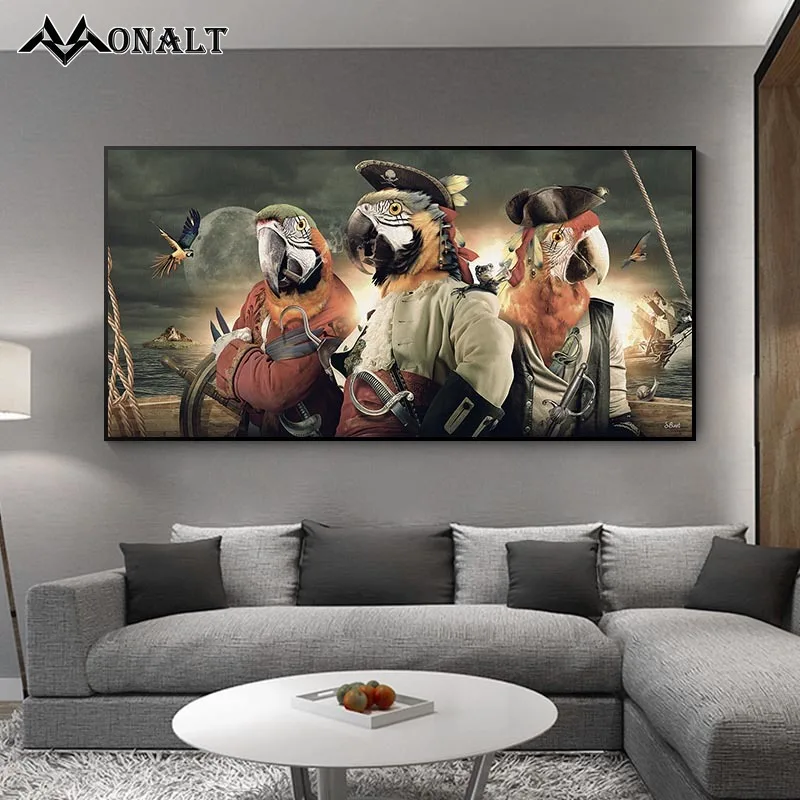 

3pc Pirate Parrots on The Ocean Abstract Bird and Animal Poster Vintage Canvas Painting For Living Room Decoration Wall Pictures