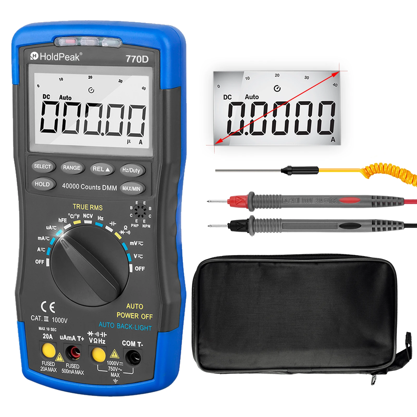 Digital Multimeter Auto Range TRMS DC AC Meters ,40000 Counts Multimeter Tester Voltmeter Ammeter with High Precision, HP-770D