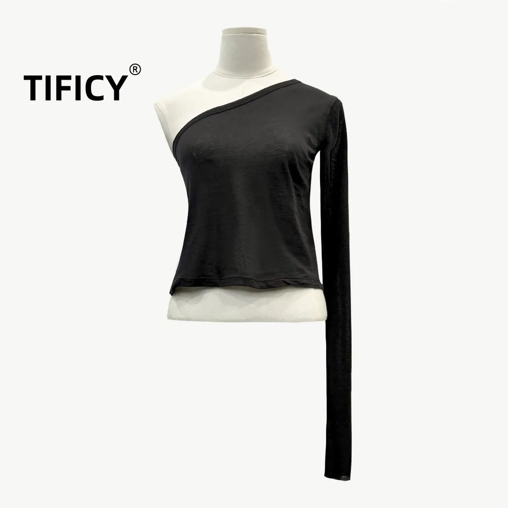 

High Street Tees Tshirts Tops Women's Dark Style Single Shoulder Base T-Shirt Slim Fit and Slimming Long Sleeved Pullover Top