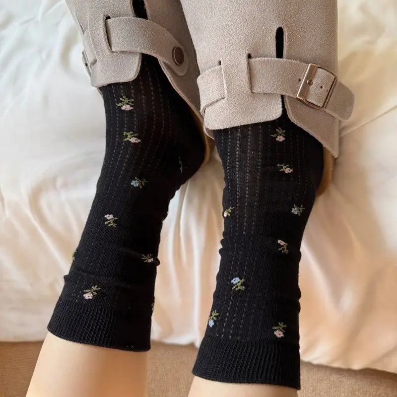 1/4 Pairs Women Mid Calf Socks Hollow Thin Floral Stacked Socks Sweat Wicking Ins Trendy Versatile Ladies Long Socks Autumn