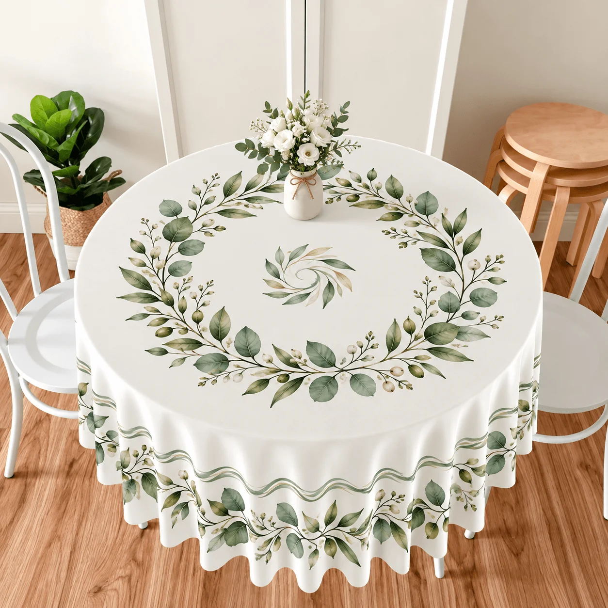 1 round tablecloth, fresh eucalyptus leaf wreath print polyester tablecloth, cream white background with green leaf trim