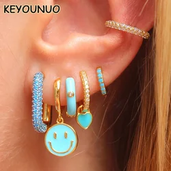 KEYOUNUO Gold Filled CZ Hoop Drop Earrings Set for Women Ear Cuff Blue Zircon Enamel Dangle Earrings Fashion Jewelry Wholesale