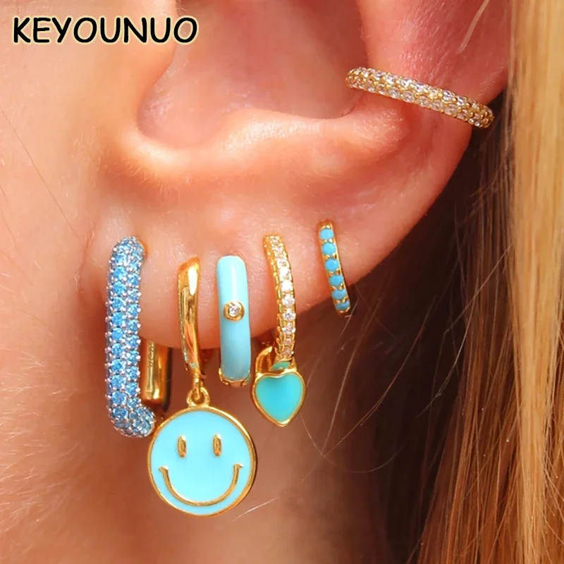 KEYOUNUO Gold Filled CZ Hoop Drop Earrings Set dla kobiet Ear Cuff Blue Zircon Enamel Dangle Earrings Fashion Jewelry Wholesale
