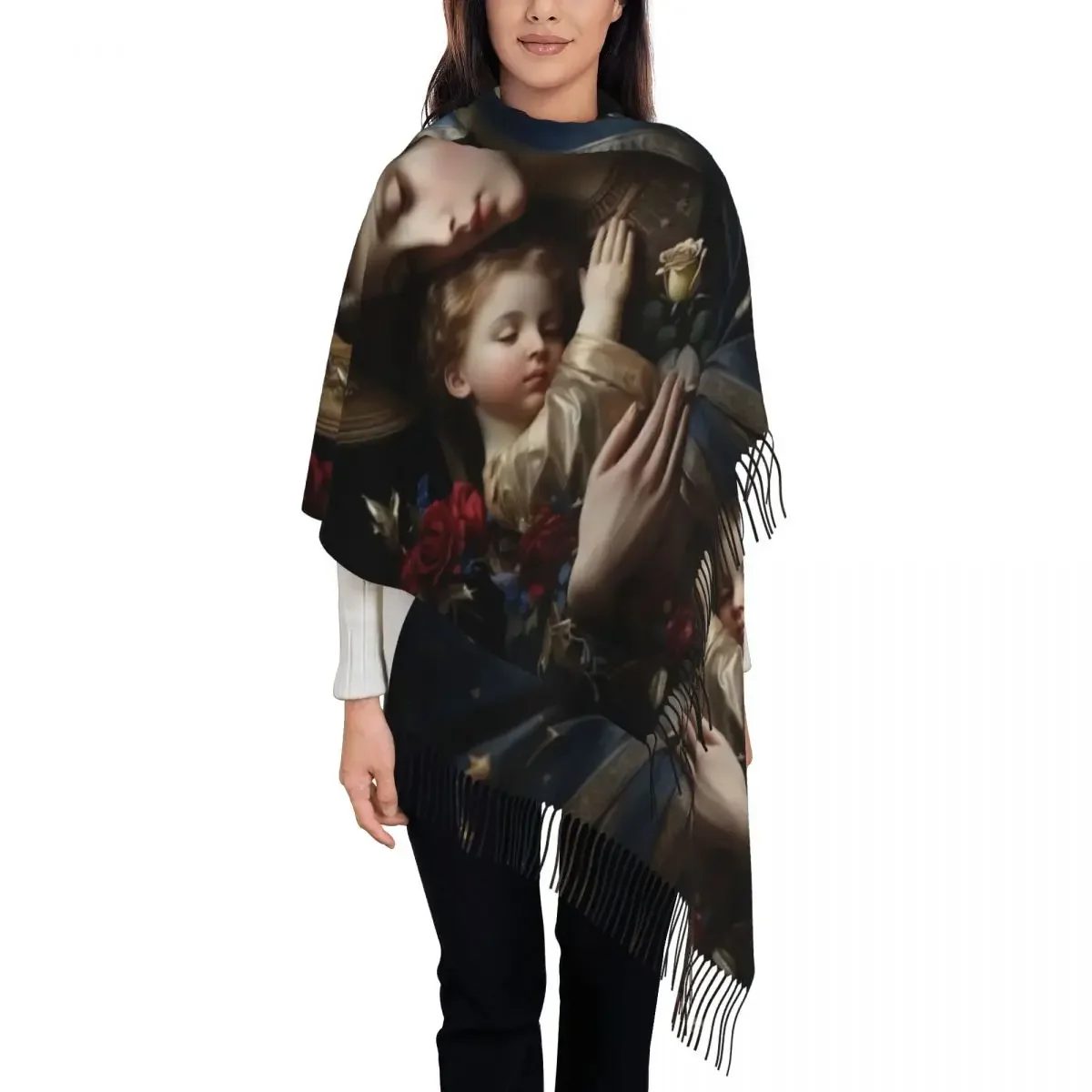 Custom Christ Virgin Mary Holding Baby Jesus Scarf Wrap for Women Long Winter Warm Tassel Shawl Unisex Scarves