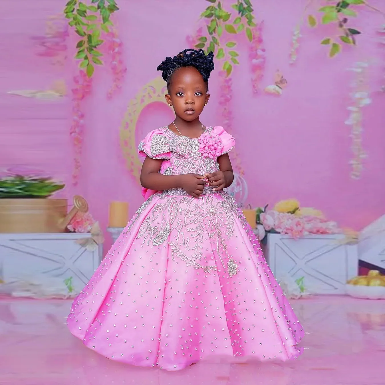 

vestidos para niñas Cute Crystals Tulle Beaded Girl Dresses Cap Sleeve Ball Gown Kid Party Dress Pink Flower Girl Dresses Bow