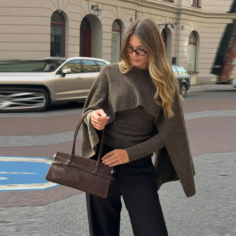 أنيقة المرأة كيب سترة الجولة الرقبة الربط الخفافيش كم بلوفر مغزول علوي الصلبة فضفاض تريكو 2025 جديد سيدة البلوزات #6