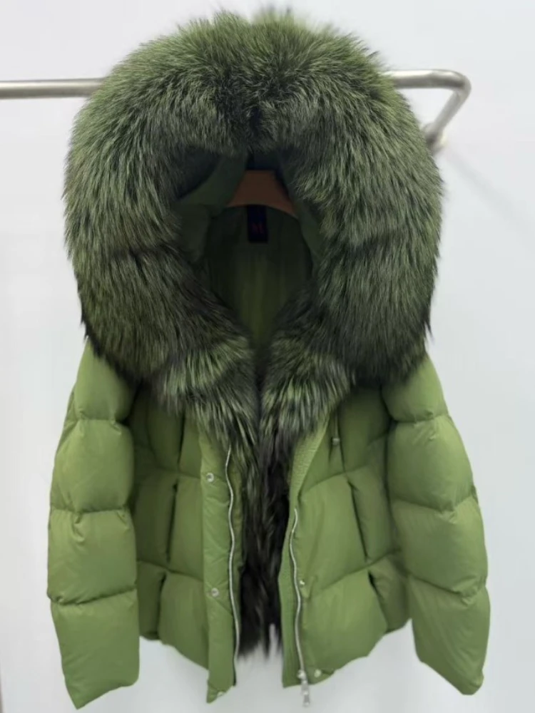 OFTBUY Pelzmantel Herbst Winter Natürliche Waschbären Pelz Warme Mit Kapuze Dicke Weiße Gans Unten Jacke Casual Echtpelz Oberbekleidung Frauen