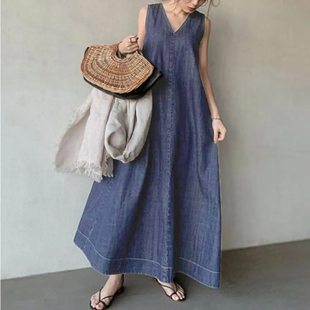 Sommer Neue Künstler Stil Denim Over-the-Knie Langes Kleid Zurück Spitze-Up V-ausschnitt Ärmelloses frauen Mode kleid