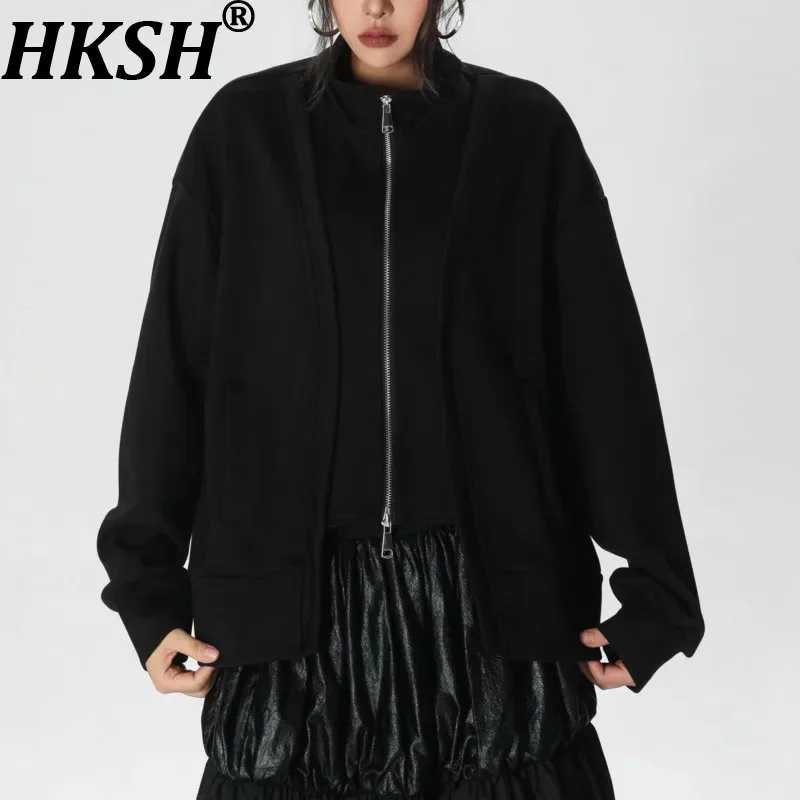 

HKSH Spring Autumn New Women Jacket Stand Collar Zipper Solid Color Versatile Casual Dark Streetwear Elegant Trendy Coat HK13357