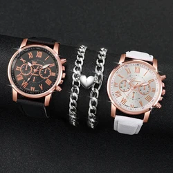 4 piezas/juego de pareja reloj de cuarzo con banda de cuero de moda para mujer con pulsera magnética de amor