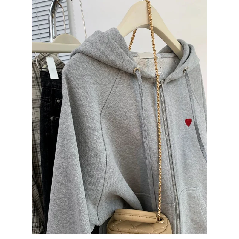 Grijze rits geborduurd lui sweatshirt met capuchon lente herfst nieuwe losse vest jas top