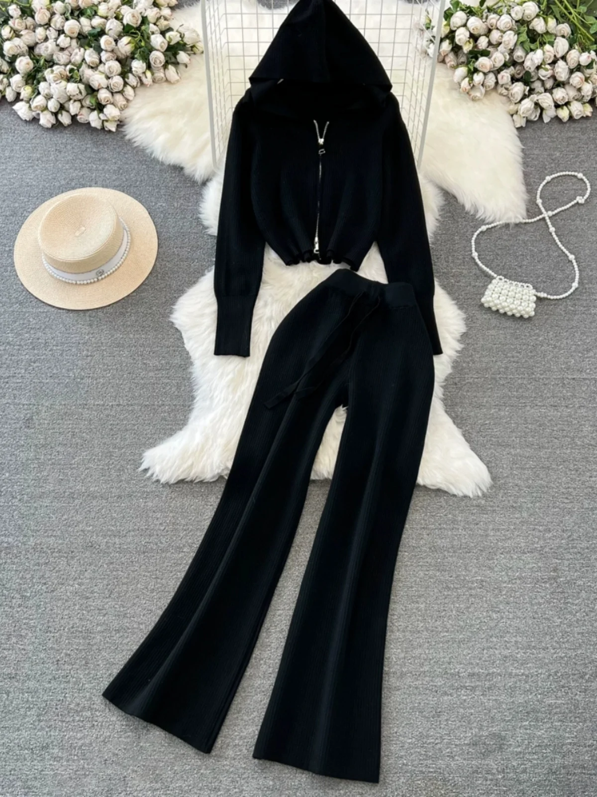 Faionable Korean Sle Long Sve Zipper Hooded Knitted Sweatirt Jaet And High Waist Wide Leg Pants Two Piece Set for ...