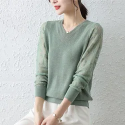 Hollow Out Sleeve Autumn 2022 Knitted Pullover Sweaters V-neck Long Sleeve Korea Casual Female Tops Solid Pull Jumpers