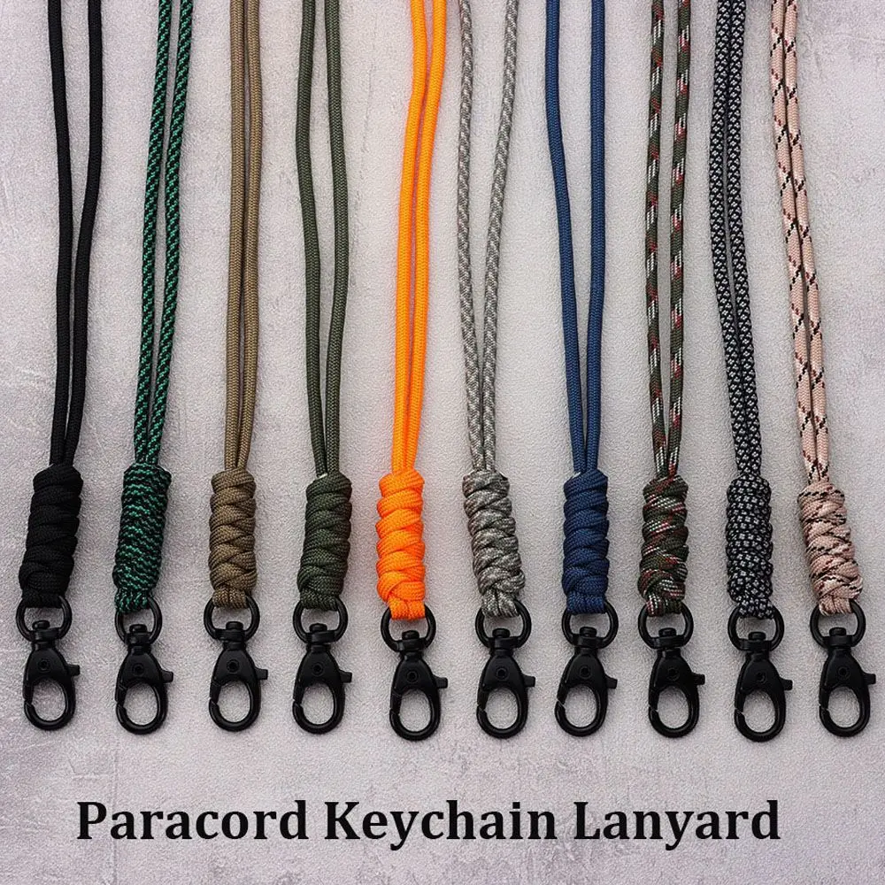 Alta Resistência Paracord Chaveiro, cordão fivela rotativa, pescoço corda pendurada, ferramenta ao ar livre, 20 estilos, novo